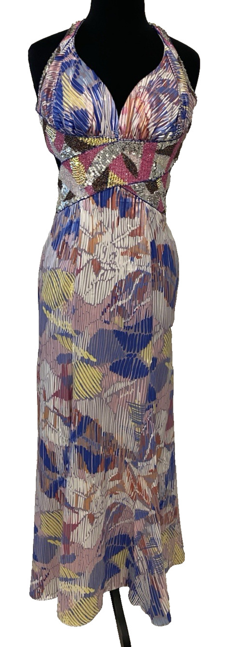 La Femme Paris Womens Beaded Gown Size 6 Colorful Open Back Maxi Dress w Train